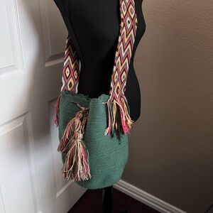 Wayuu Tribe Green Crochet Crossbody with Multicolor Woven Strap